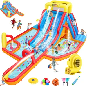 Whubefy Gaint Inflatable Water Slide, 18x14Ft Summer Water Park W/Slide/Basketball/Shark Water Gun/Water Ball/Catch Ball/Water Pipe, Extra Long Slide, for 12 Kids to Play, Water Party Use