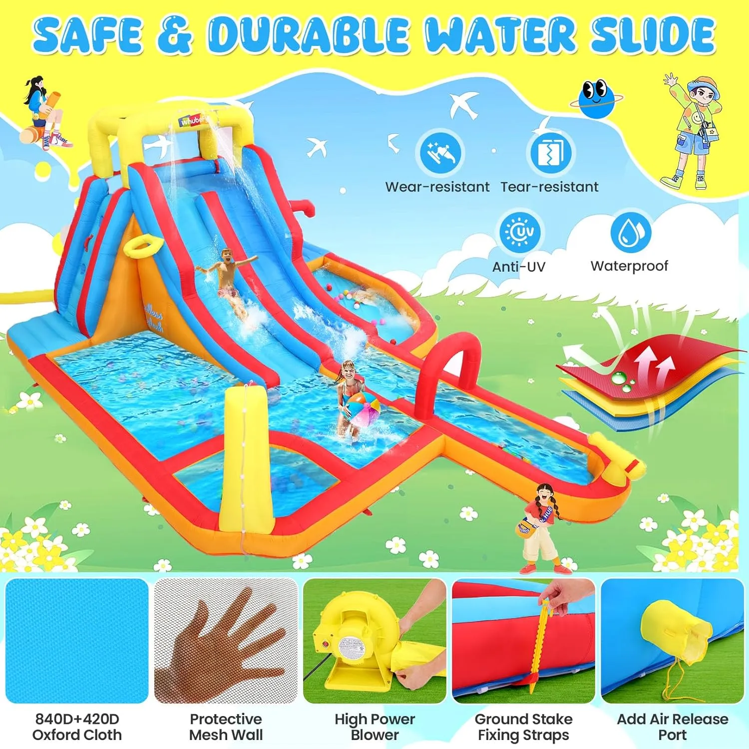 Whubefy Gaint Inflatable Water Slide, 18x14Ft Summer Water Park W/Slide/Basketball/Shark Water Gun/Water Ball/Catch Ball/Water Pipe, Extra Long Slide, for 12 Kids to Play, Water Party Use