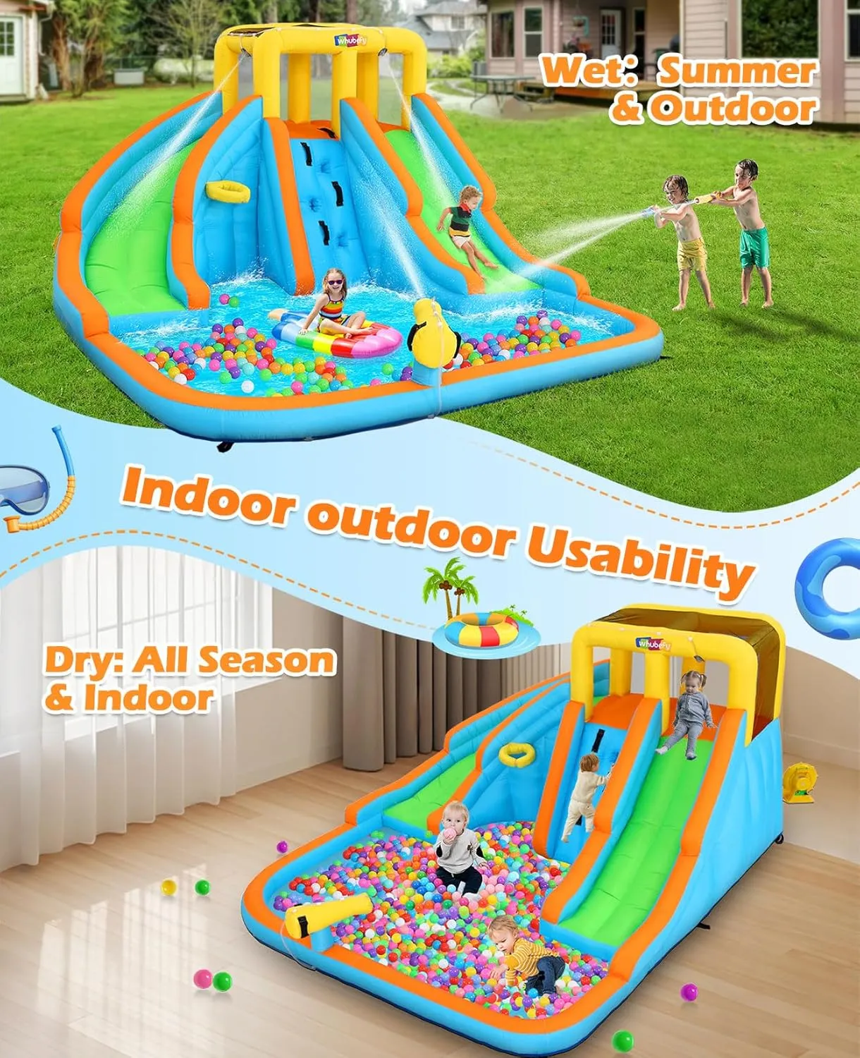 Whubefy Inflatable Water Slide for Kids Backyard 6 in 1 Double Water Slides Bounce House with Blower, 5 Toys, Splash Pool,Climb Wall, Outdoor Blow Up Water Park Waterslide Bouncy Castle for Kids Gifts
