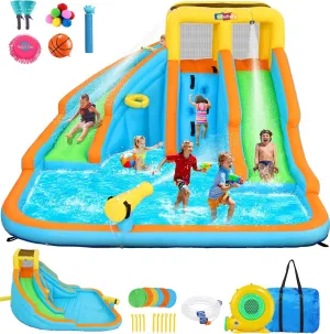 Whubefy Inflatable Water Slide for Kids Backyard 6 in 1 Double Water Slides Bounce House with Blower, 5 Toys, Splash Pool,Climb Wall, Outdoor Blow Up Water Park Waterslide Bouncy Castle for Kids Gifts