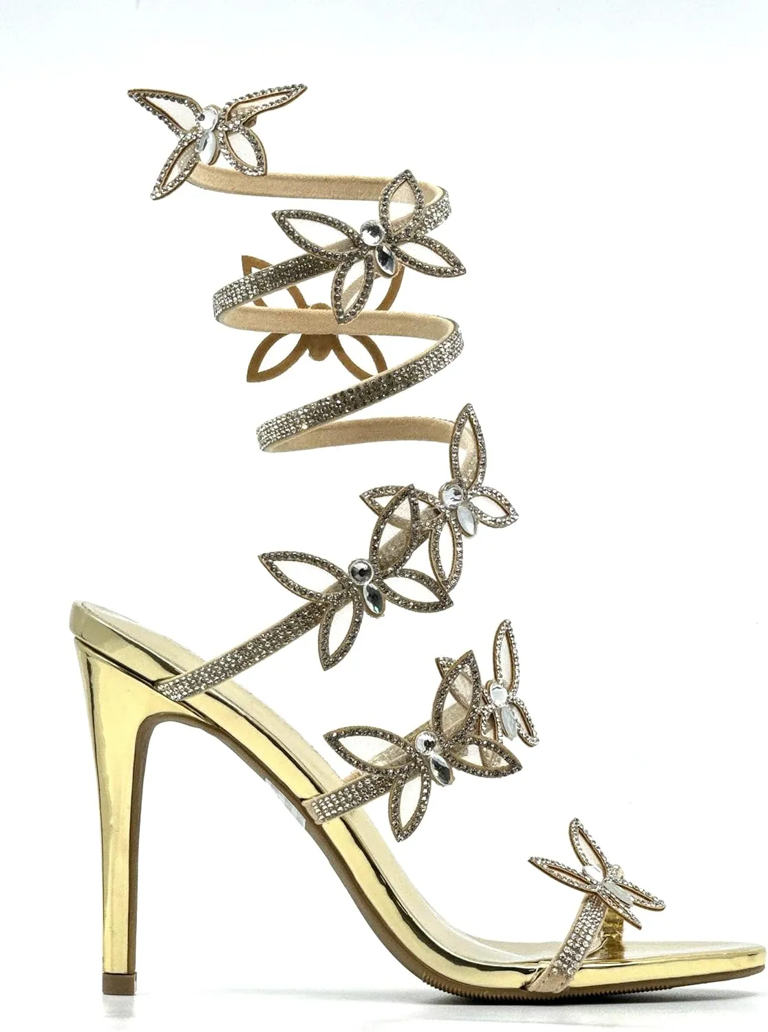 Wild Diva Women Rhinestone Butterfly Spiral Wrap Around High Heel Sandals