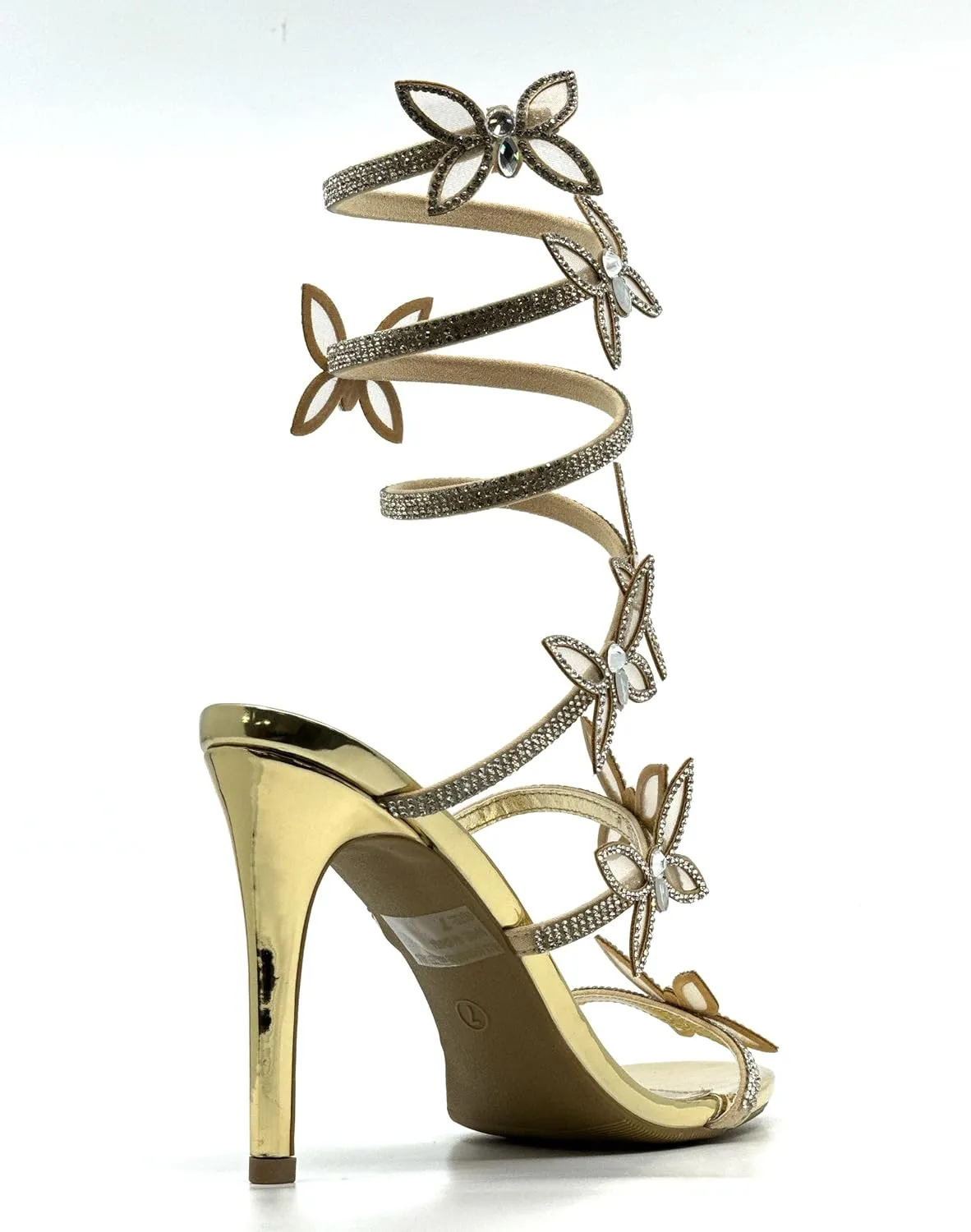 Wild Diva Women Rhinestone Butterfly Spiral Wrap Around High Heel Sandals