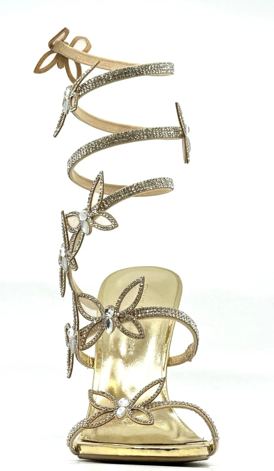 Wild Diva Women Rhinestone Butterfly Spiral Wrap Around High Heel Sandals