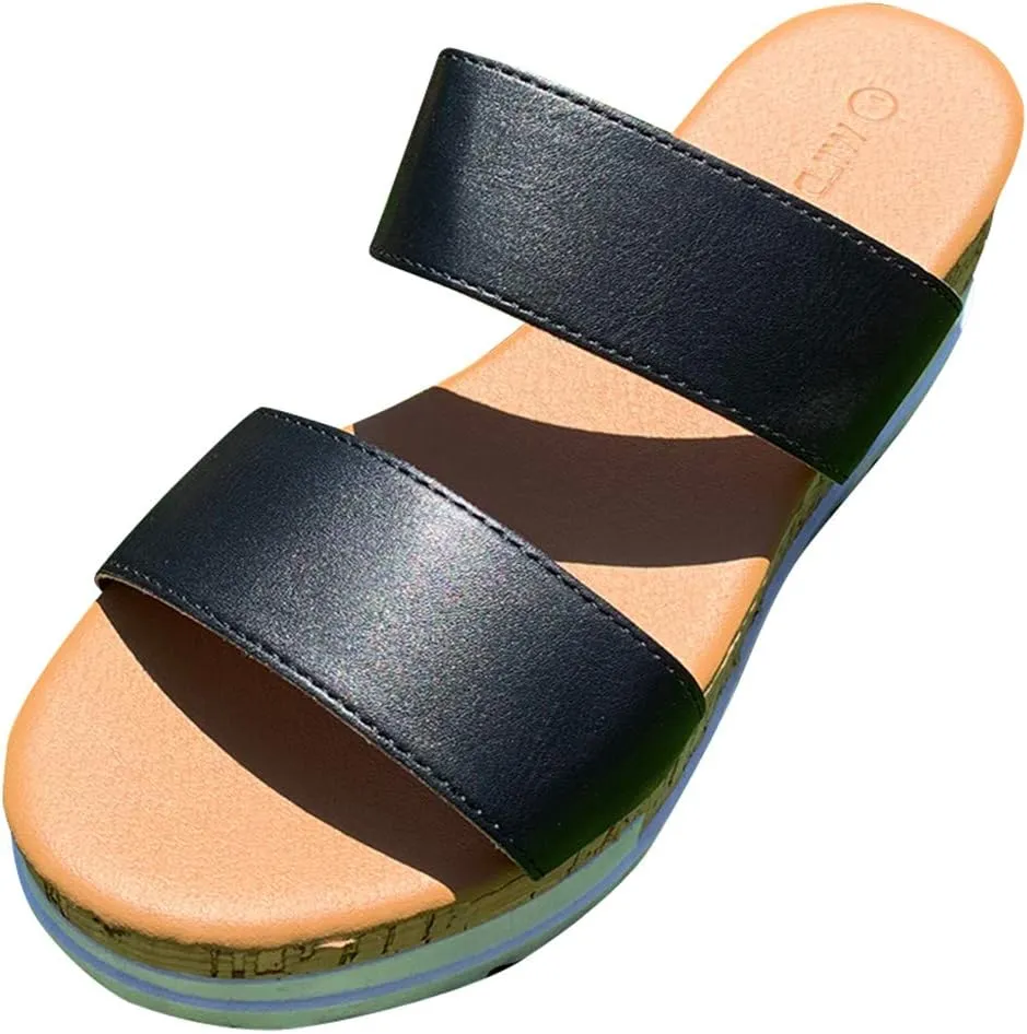 Wild Diva Womens Open Toe Med Heel Platform Wedge Slide Sandals