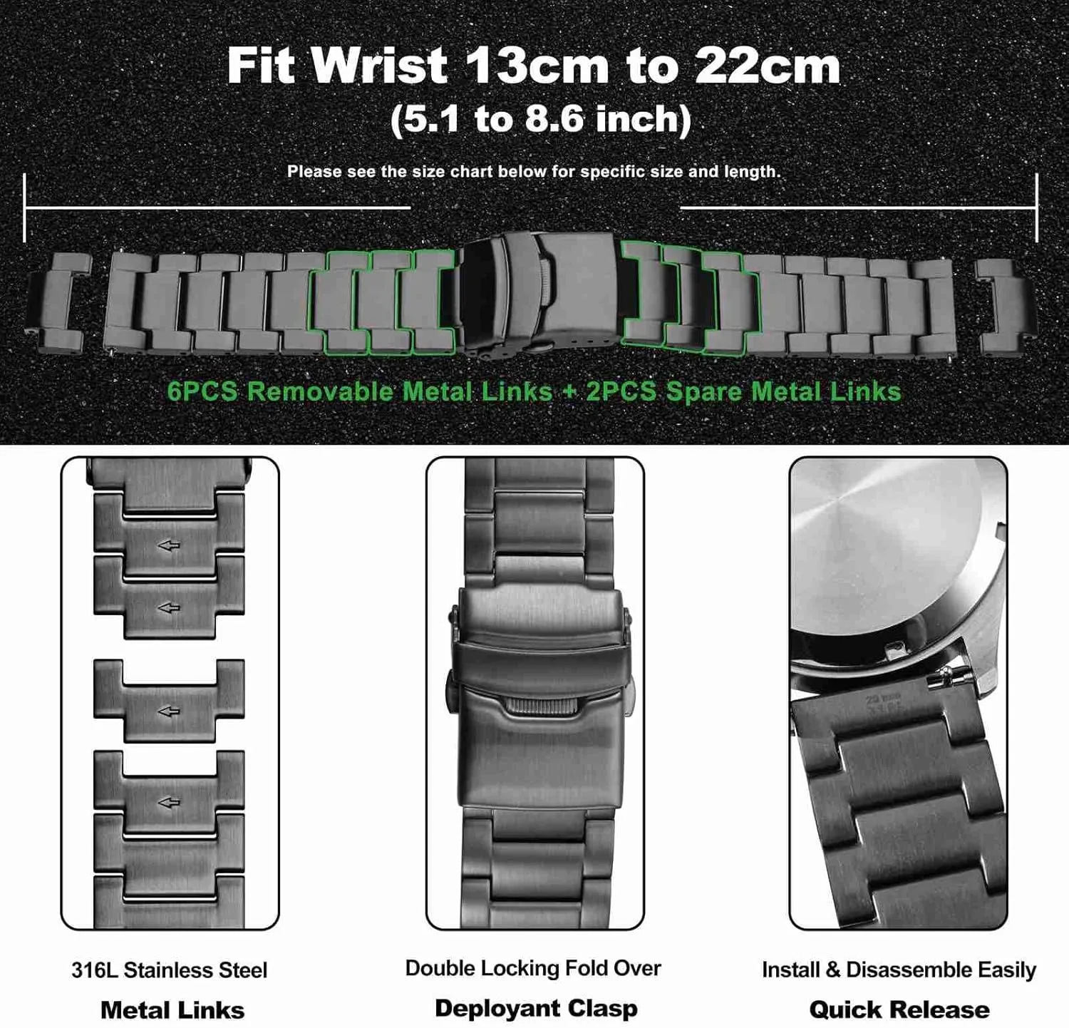 WOCCI 22mm Heavy-duty Metal Watch Band for Men, 316L Stainless Steel, Double Locking Deployant Clasp (Space Grey)