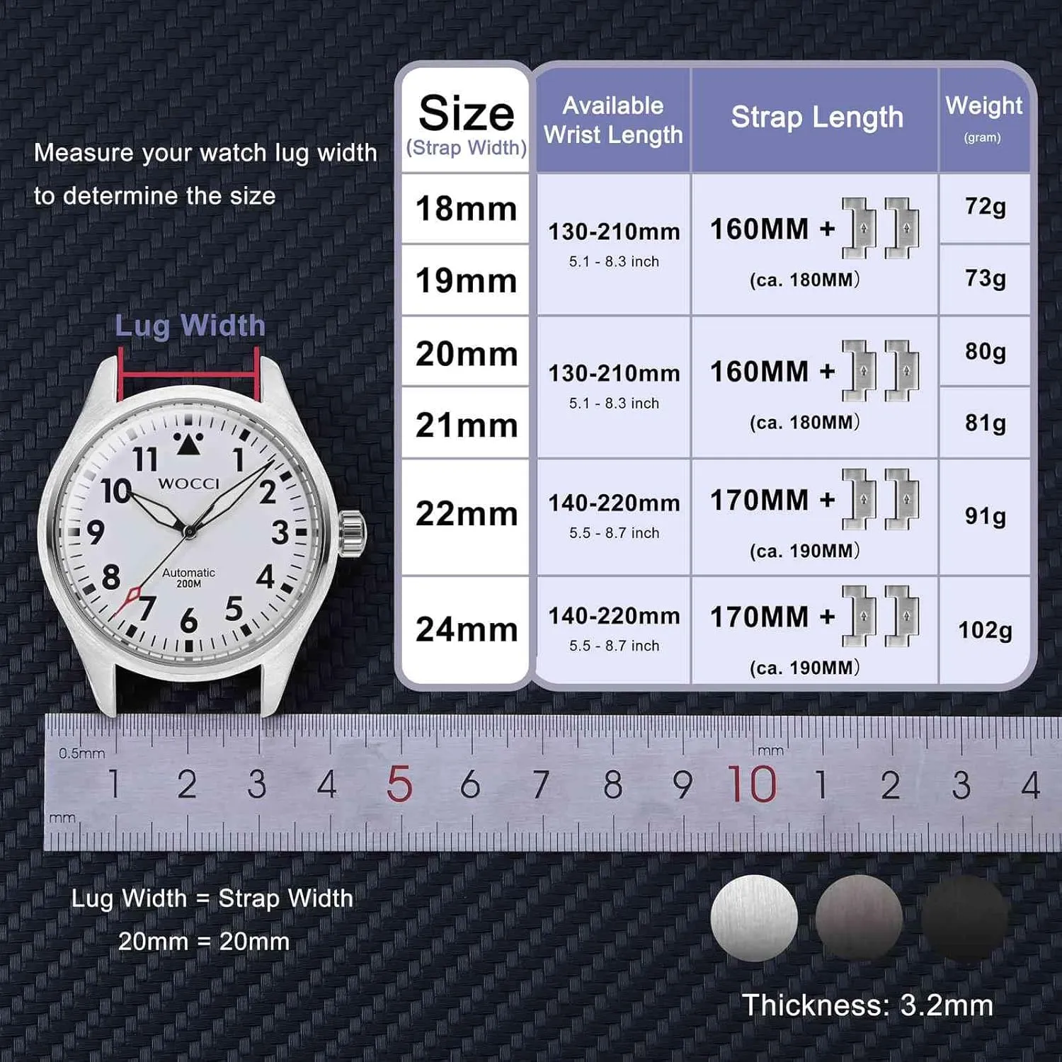WOCCI 22mm Heavy-duty Metal Watch Band for Men, 316L Stainless Steel, Double Locking Deployant Clasp (Space Grey)