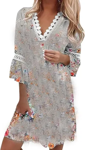 Women Boho Summer Dress 2024 Casual Floral Print V Neck Lace Trim 3/4 Sleeve Embroidered Mini Dress