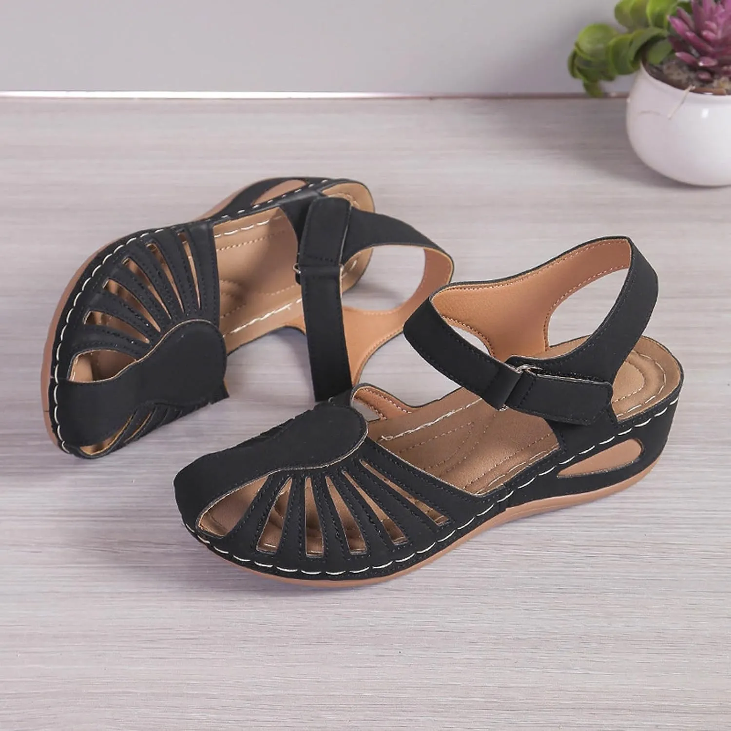 Women Close Toe Walking Sandals Dress Summer Wedges Heels for Women Ankle Strap Orthopedic Sandals Hollow Beach Shoes