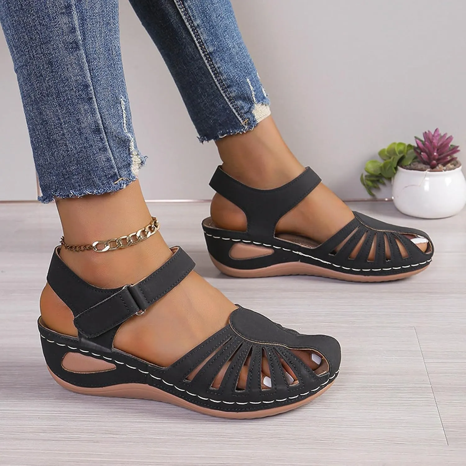 Women Close Toe Walking Sandals Dress Summer Wedges Heels for Women Ankle Strap Orthopedic Sandals Hollow Beach Shoes