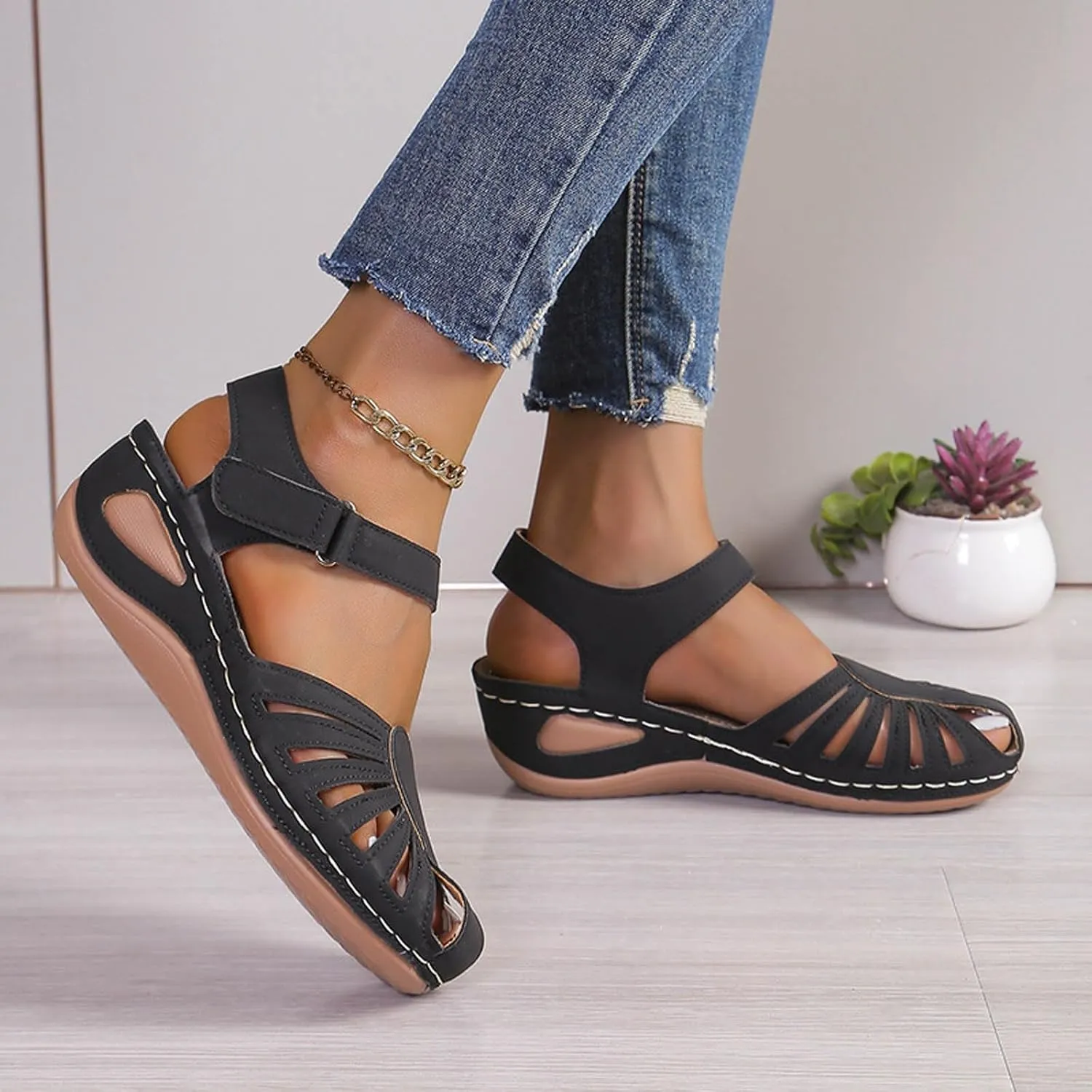 Women Close Toe Walking Sandals Dress Summer Wedges Heels for Women Ankle Strap Orthopedic Sandals Hollow Beach Shoes