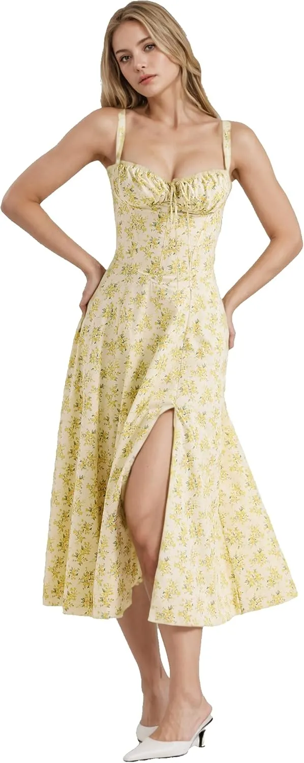 Women Floral Corset Dress, Boho Summer Spaghetti Straps Square Neck Casual Midi Dress Flowy Slit Bustier Dresses