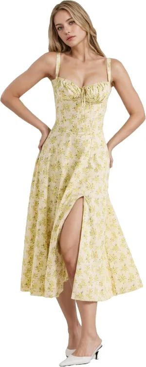 Women Floral Corset Dress, Boho Summer Spaghetti Straps Square Neck Casual Midi Dress Flowy Slit Bustier Dresses