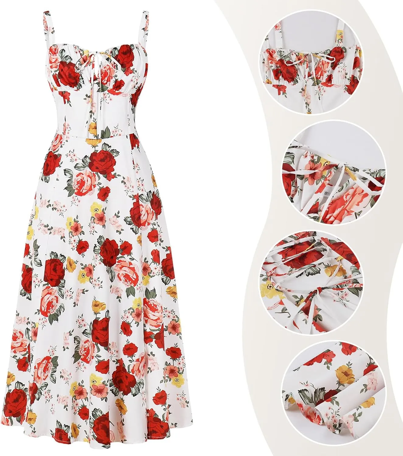 Women Floral Corset Dress, Boho Summer Spaghetti Straps Square Neck Casual Midi Dress Flowy Slit Bustier Dresses