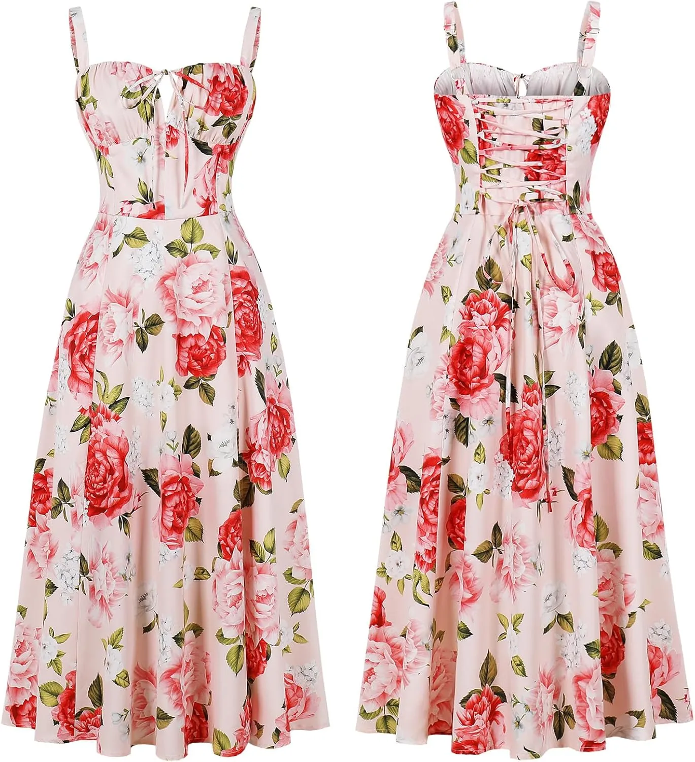 Women Floral Corset Dress, Boho Summer Spaghetti Straps Square Neck Casual Midi Dress Flowy Slit Bustier Dresses