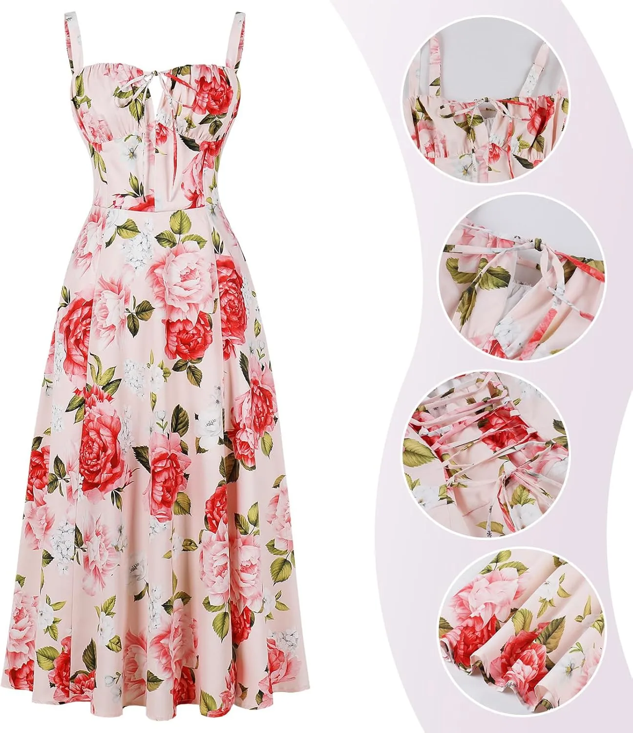 Women Floral Corset Dress, Boho Summer Spaghetti Straps Square Neck Casual Midi Dress Flowy Slit Bustier Dresses