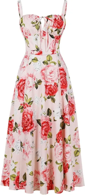 Women Floral Corset Dress, Boho Summer Spaghetti Straps Square Neck Casual Midi Dress Flowy Slit Bustier Dresses