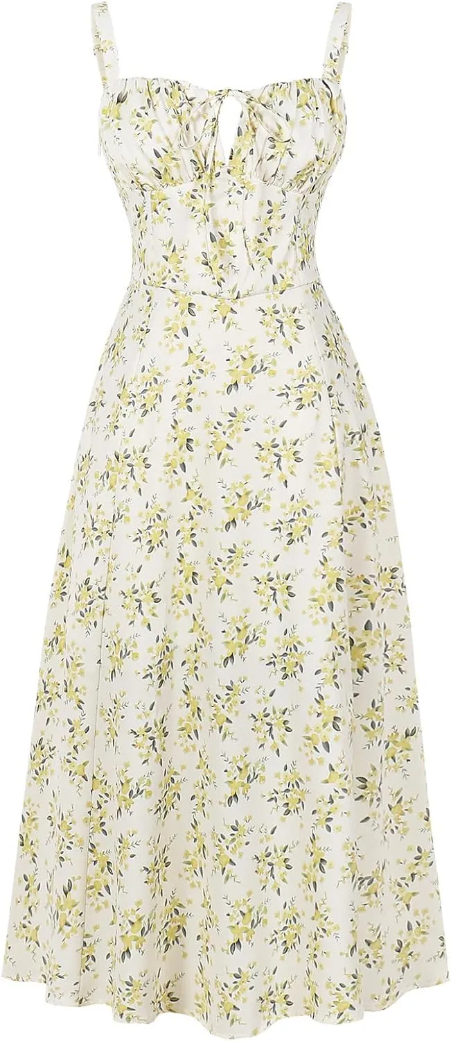 Women Floral Corset Dress, Boho Summer Spaghetti Straps Square Neck Casual Midi Dress Flowy Slit Bustier Dresses