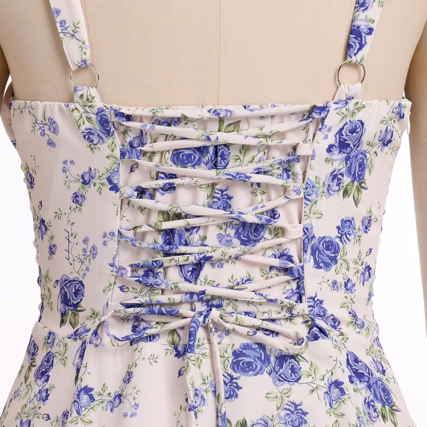 Women Floral Corset Dress Sleeveless Square Neck Spaghetti Straps Dress Boho Holiday Flowy Midi Bustier Sundress