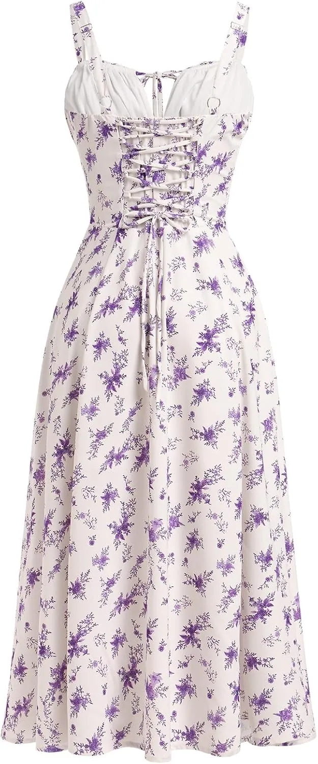 Women Floral Corset Dress Sleeveless Square Neck Spaghetti Straps Dress Boho Holiday Flowy Midi Bustier Sundress