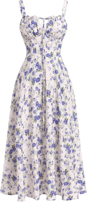 Women Floral Corset Dress Sleeveless Square Neck Spaghetti Straps Dress Boho Holiday Flowy Midi Bustier Sundress