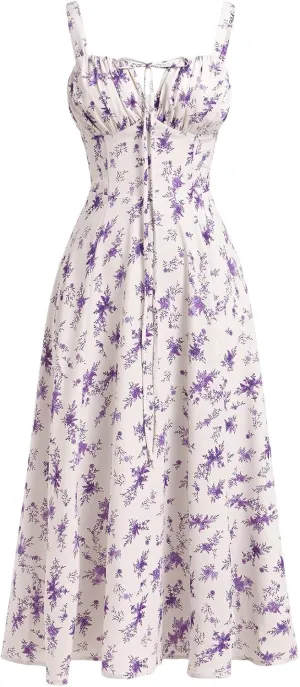 Women Floral Corset Dress Sleeveless Square Neck Spaghetti Straps Dress Boho Holiday Flowy Midi Bustier Sundress