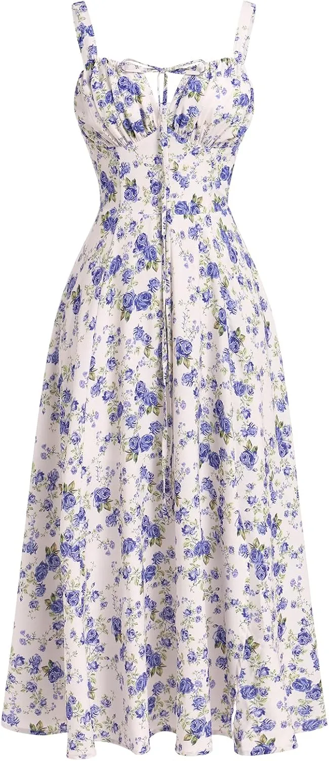 Women Floral Corset Dress Sleeveless Square Neck Spaghetti Straps Dress Boho Holiday Flowy Midi Bustier Sundress