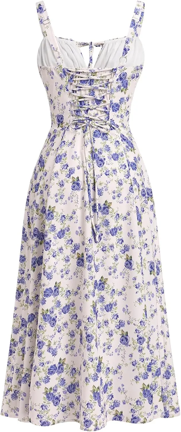 Women Floral Corset Dress Sleeveless Square Neck Spaghetti Straps Dress Boho Holiday Flowy Midi Bustier Sundress