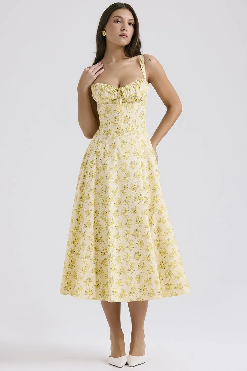 Women Floral Midi Corset Dress Summer Spaghetti Strap Square Neck Boho Cami Dress Flowy Slit Bustier Sundress