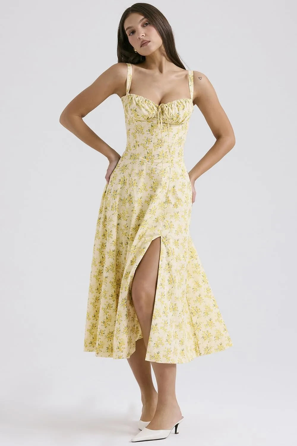 Women Floral Midi Corset Dress Summer Spaghetti Strap Square Neck Boho Cami Dress Flowy Slit Bustier Sundress