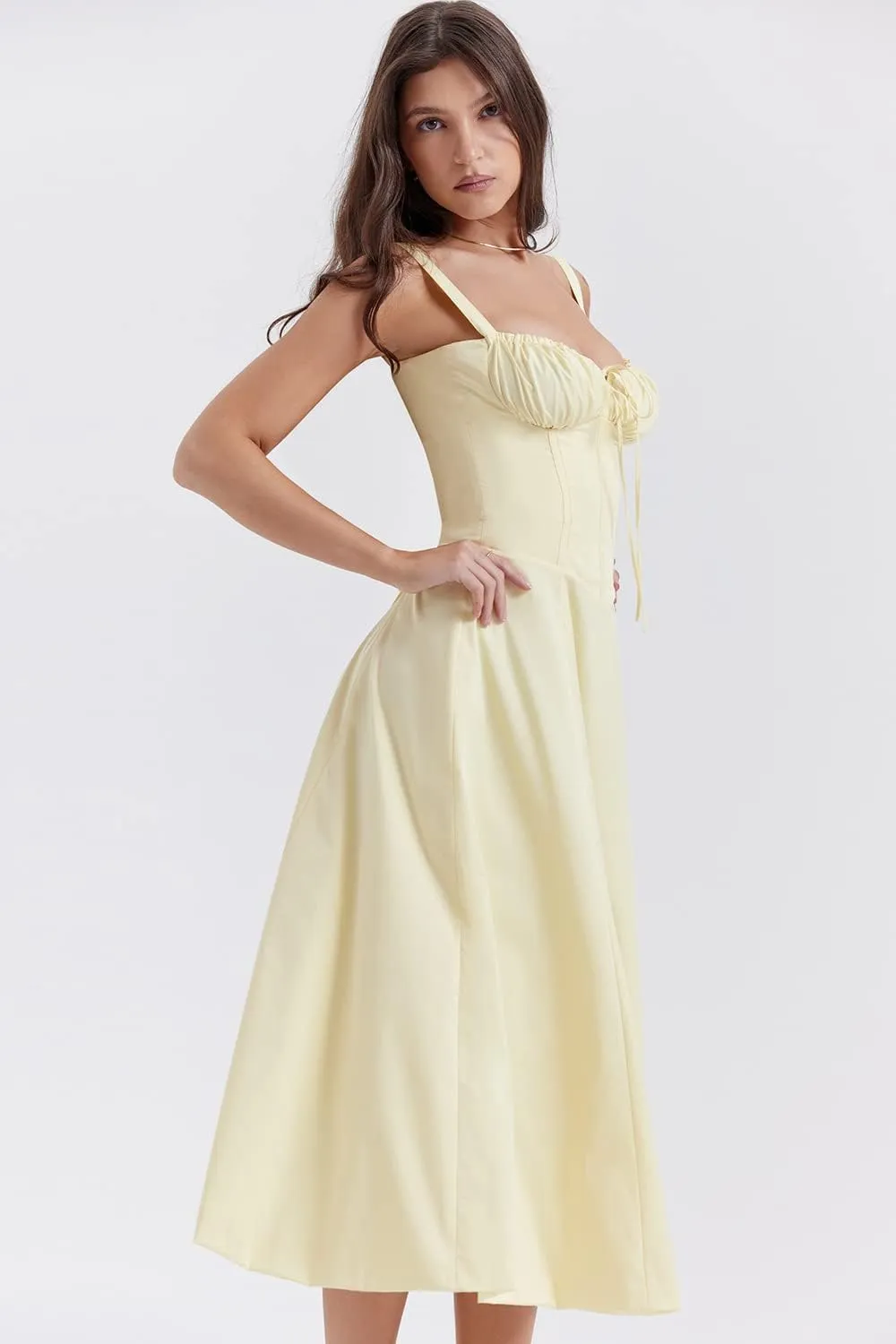 Women Floral Midi Corset Dress Summer Spaghetti Strap Square Neck Boho Cami Dress Flowy Slit Bustier Sundress