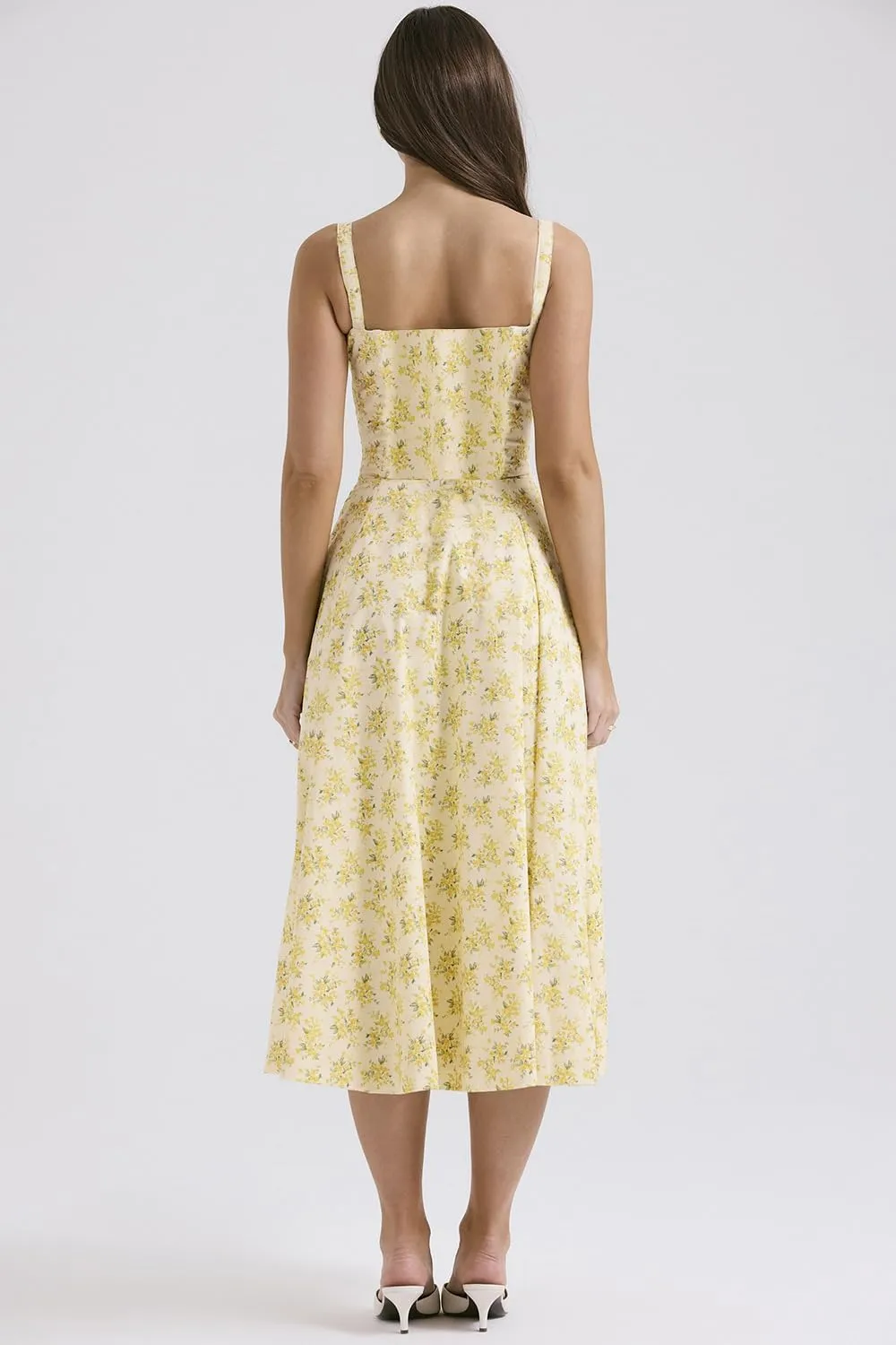 Women Floral Midi Corset Dress Summer Spaghetti Strap Square Neck Boho Cami Dress Flowy Slit Bustier Sundress