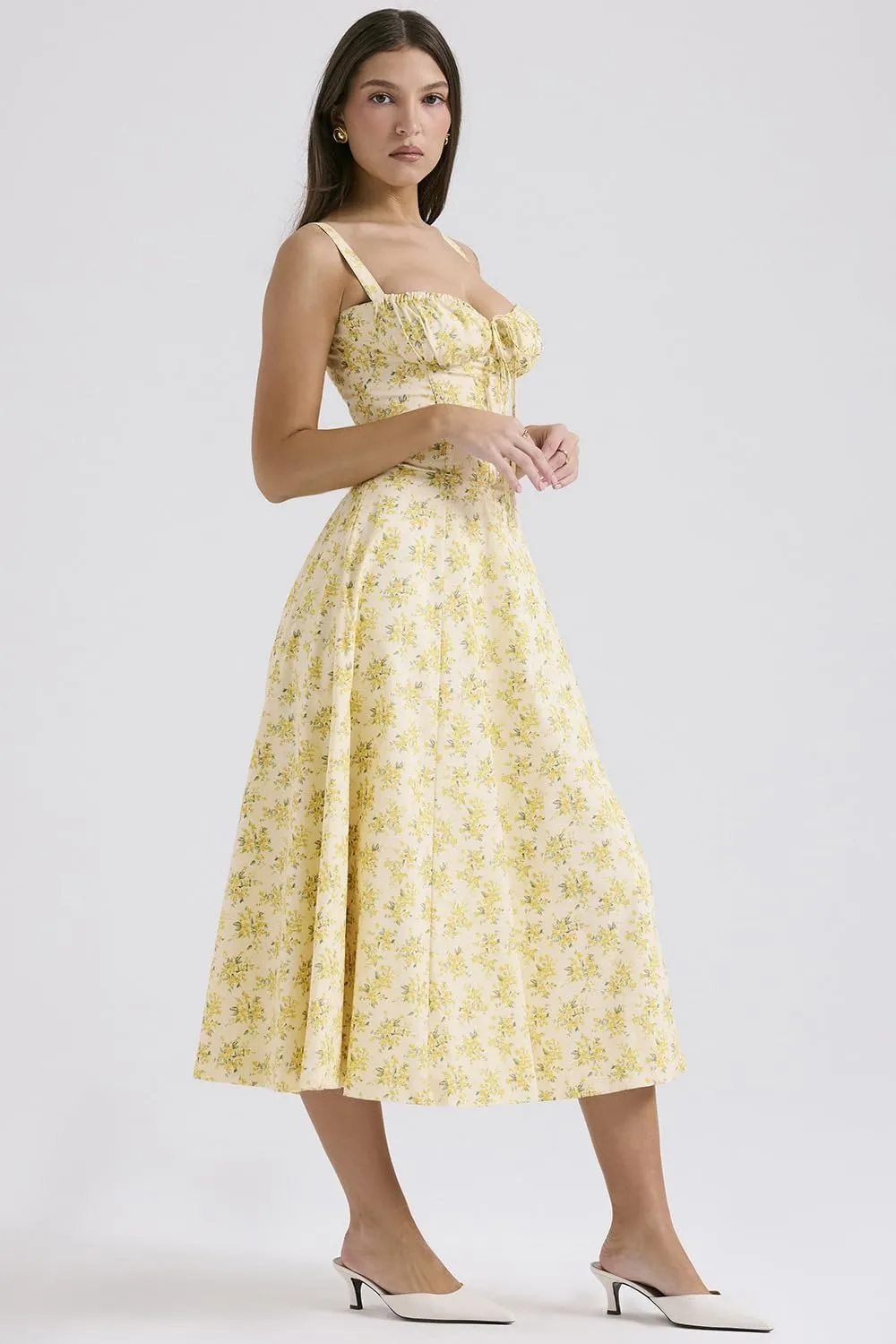 Women Floral Midi Corset Dress Summer Spaghetti Strap Square Neck Boho Cami Dress Flowy Slit Bustier Sundress