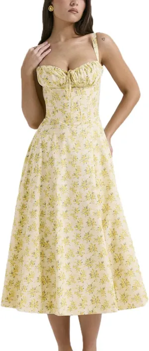 Women Floral Midi Corset Dress Summer Spaghetti Strap Square Neck Boho Cami Dress Flowy Slit Bustier Sundress