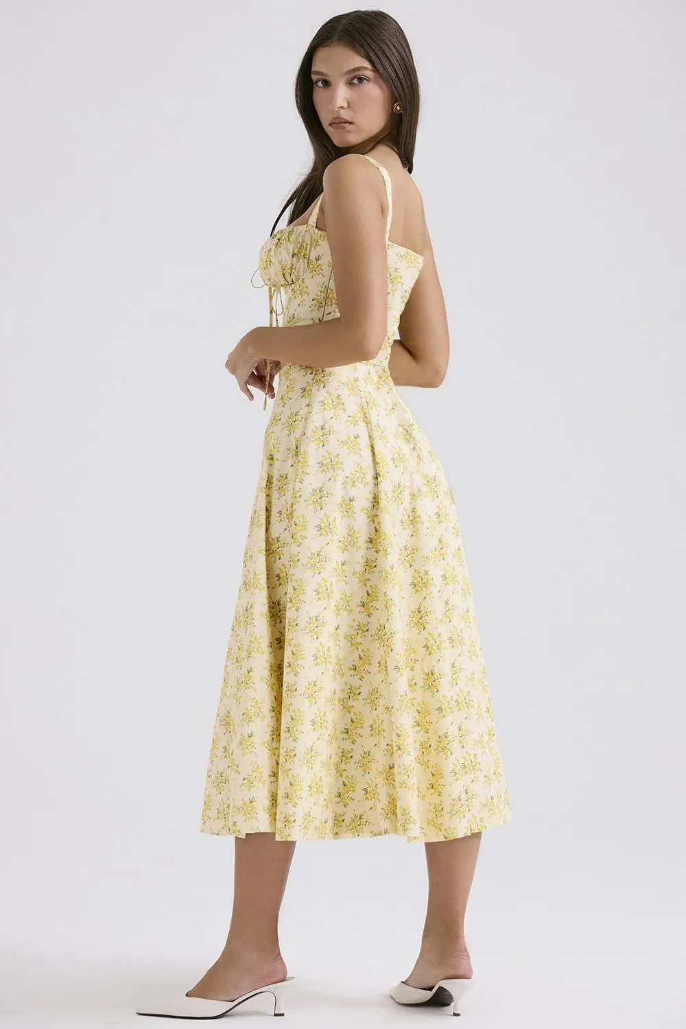Women Floral Midi Corset Dress Summer Spaghetti Strap Square Neck Boho Cami Dress Flowy Slit Bustier Sundress