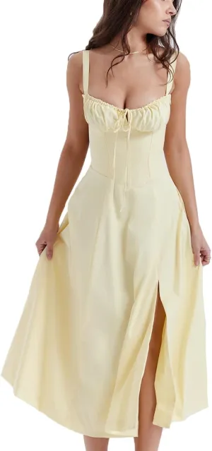 Women Floral Midi Corset Dress Summer Spaghetti Strap Square Neck Boho Cami Dress Flowy Slit Bustier Sundress