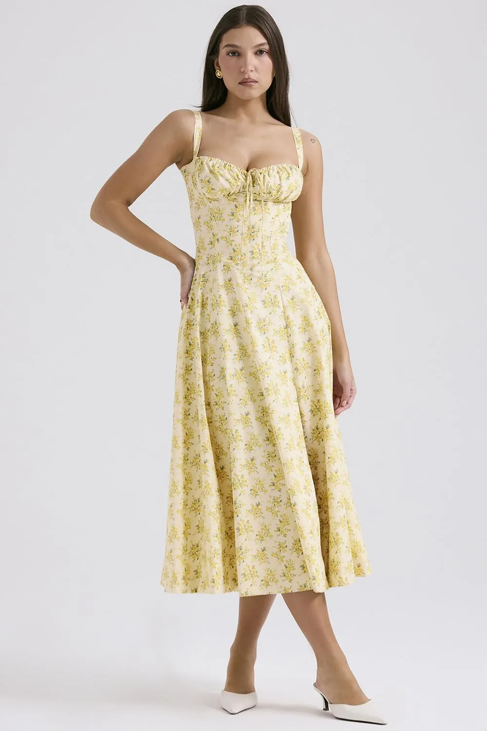 Women Floral Midi Corset Dress Summer Spaghetti Strap Square Neck Boho Cami Dress Flowy Slit Bustier Sundress