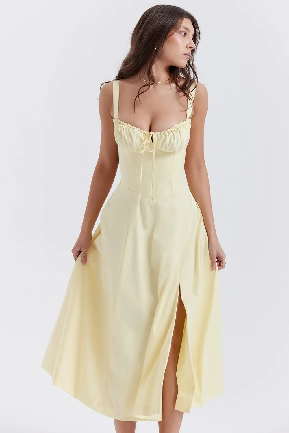 Women Floral Midi Corset Dress Summer Spaghetti Strap Square Neck Boho Cami Dress Flowy Slit Bustier Sundress