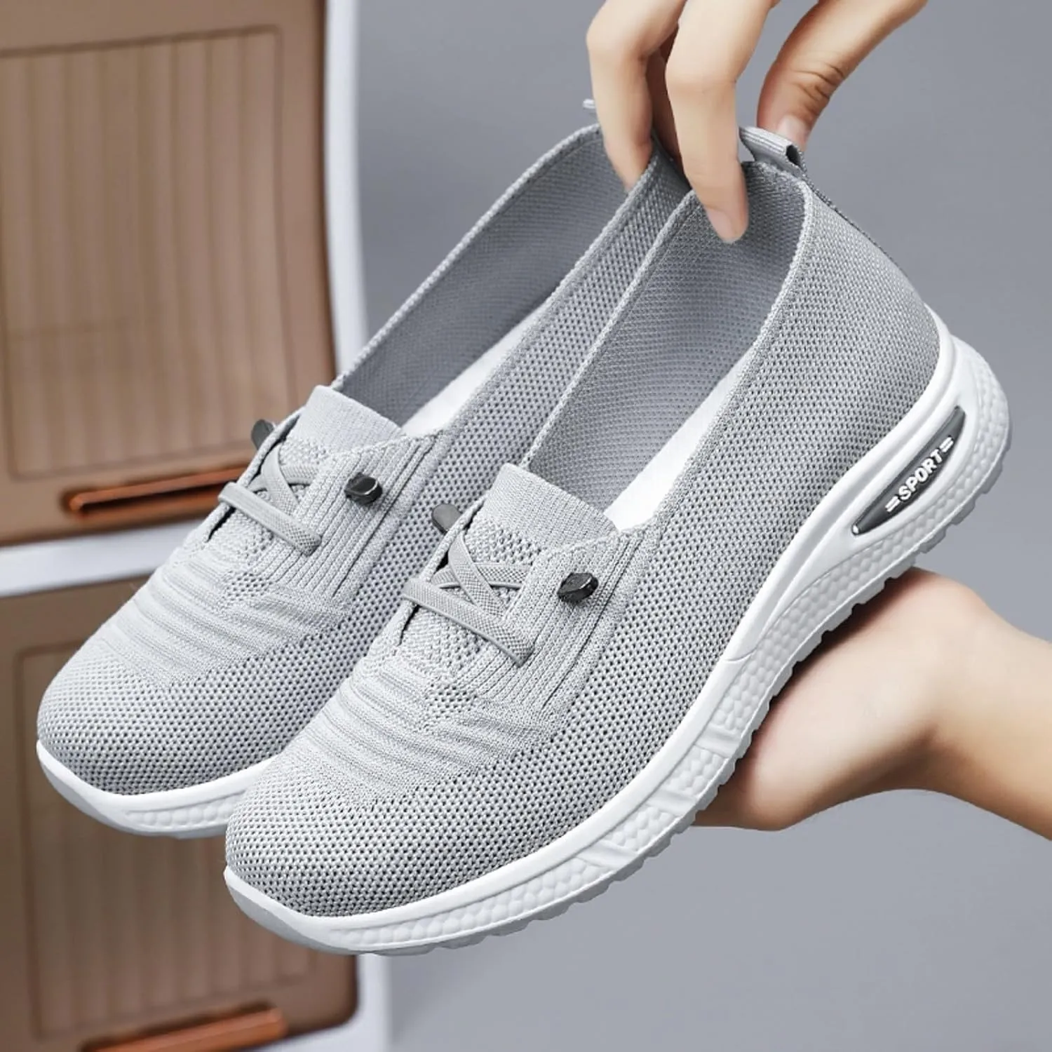 Women Orthopedic Walking Shoes Breathable Mesh Knitted Woven Low Top Walking Shoes Lightweight Wide Width Soft Sole Arch Support Non-Slip Shoe Slip On Comfortable Sneakers