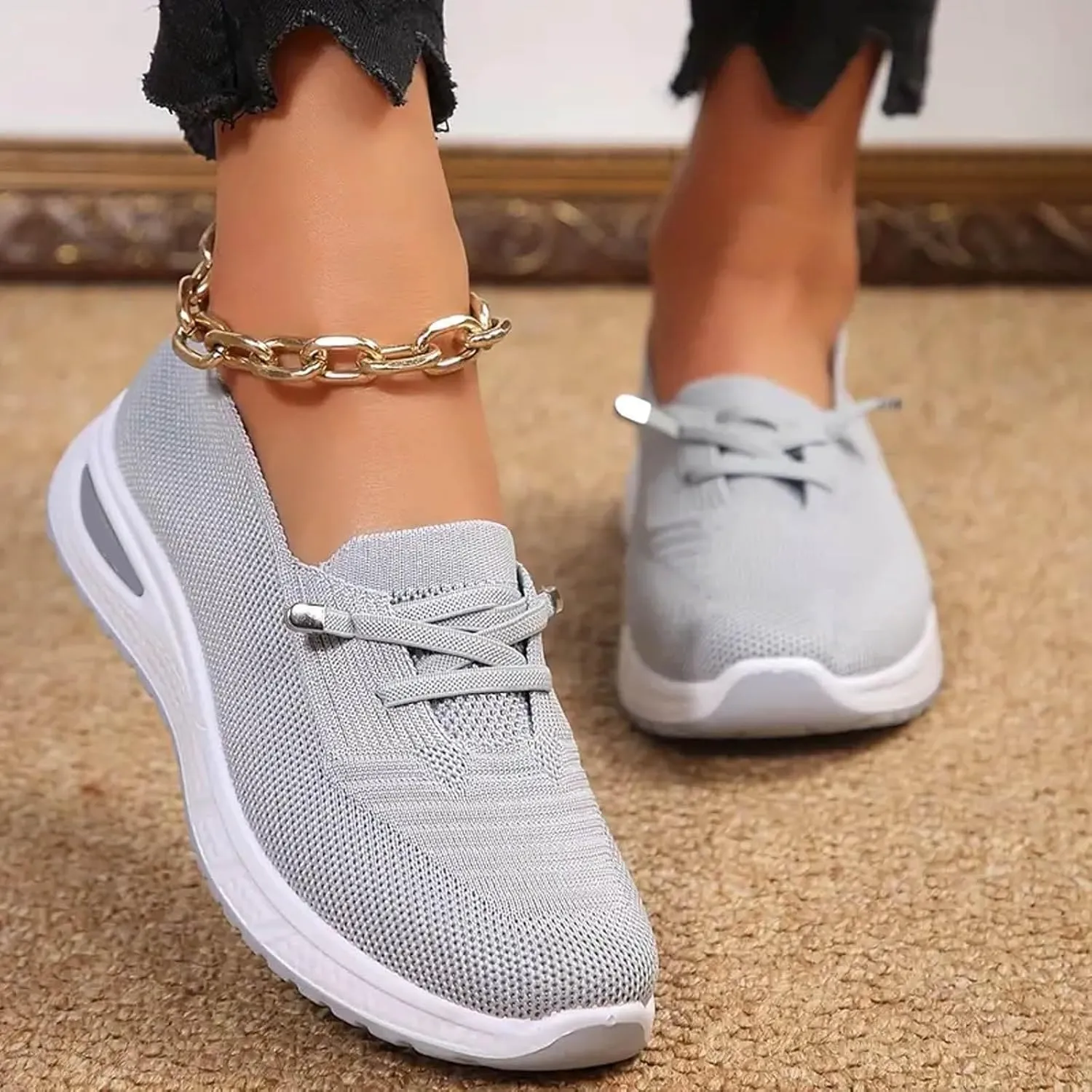 Women Orthopedic Walking Shoes Breathable Mesh Knitted Woven Low Top Walking Shoes Lightweight Wide Width Soft Sole Arch Support Non-Slip Shoe Slip On Comfortable Sneakers
