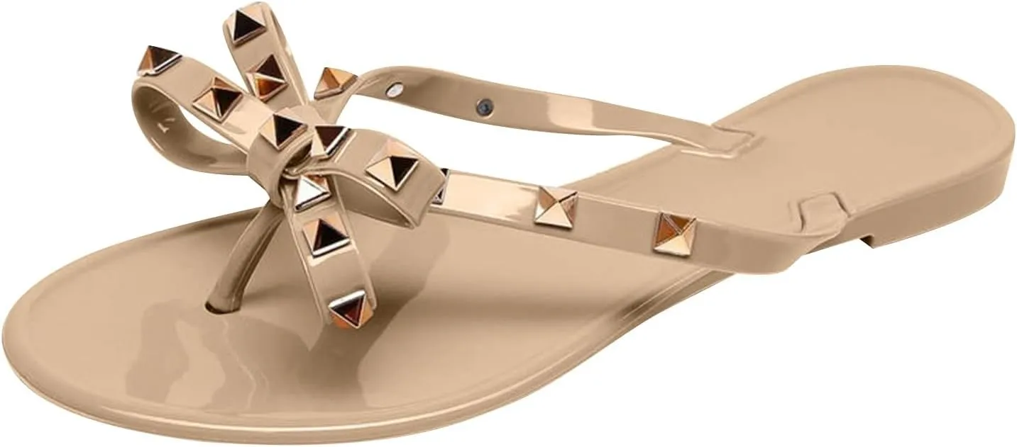 Women Rivet Flat Flip Flops Studded Jelly Thong Sandals with Bow Summer Bowtie Slip On Flat Beach Dressy Slides Fashion Dress Slipper