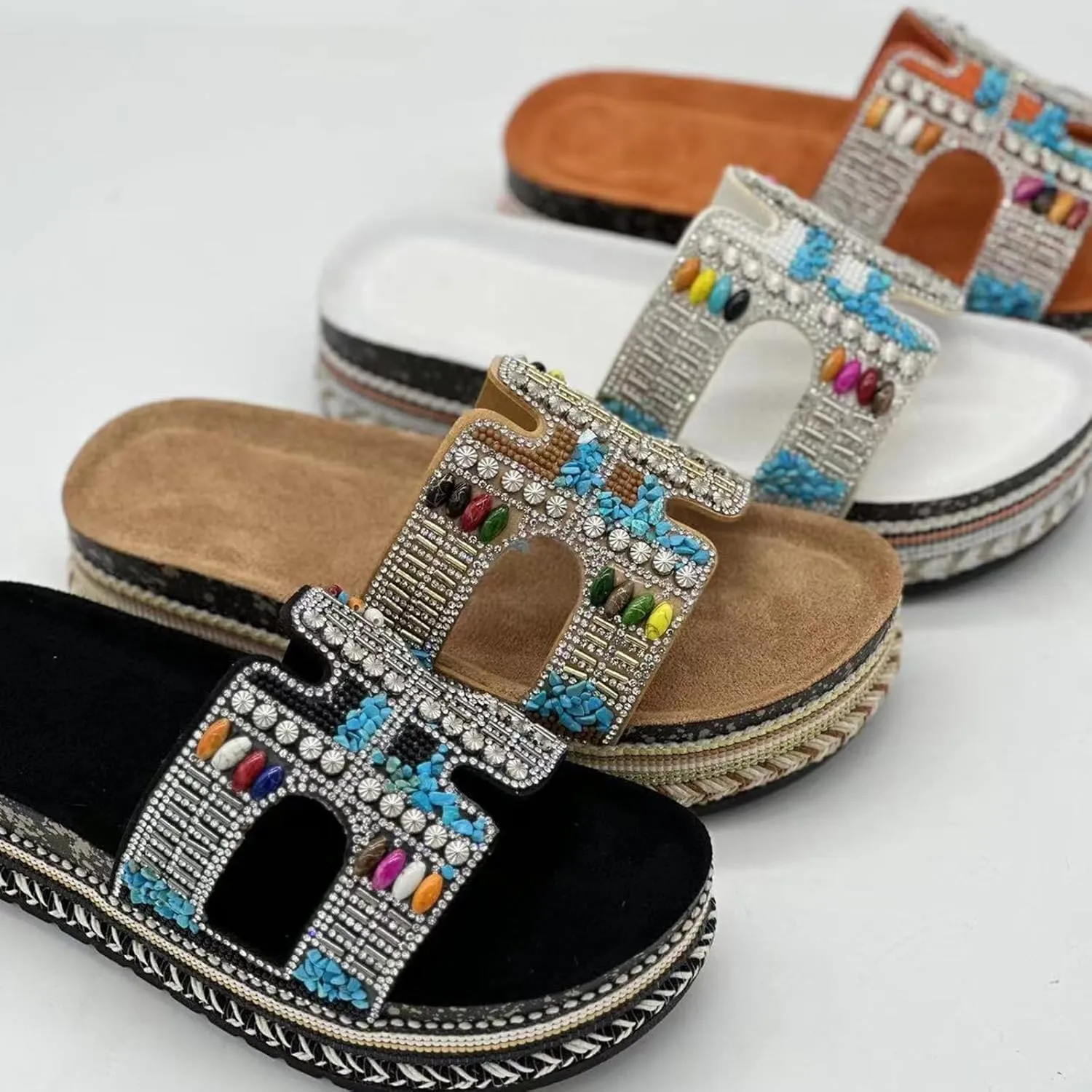 Women Sandals Rhinestone Glitter Slides Summer Platform Sandals Comfy Slides House Slippers H Slide Sandal