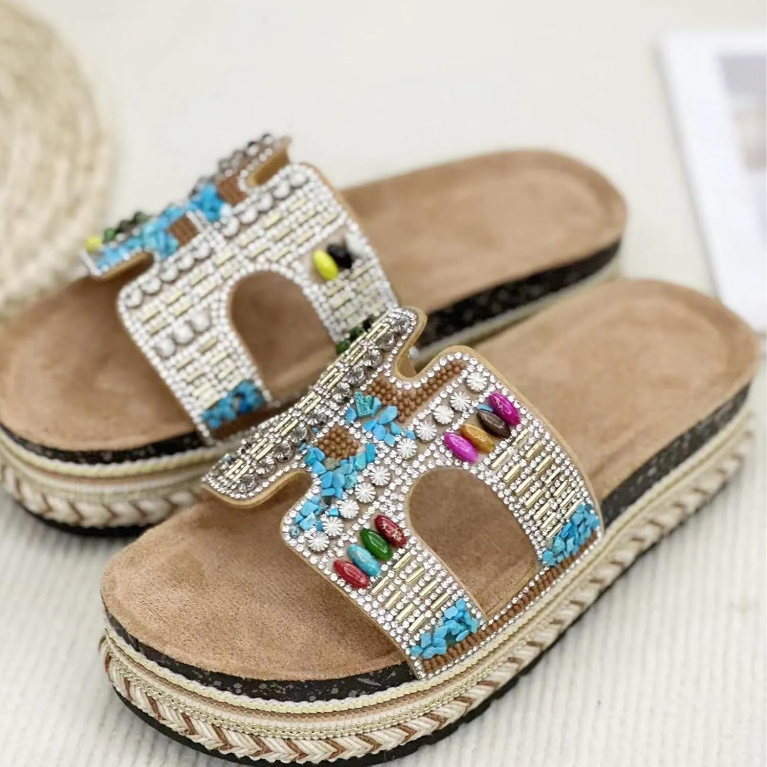 Women Sandals Rhinestone Glitter Slides Summer Platform Sandals Comfy Slides House Slippers H Slide Sandal