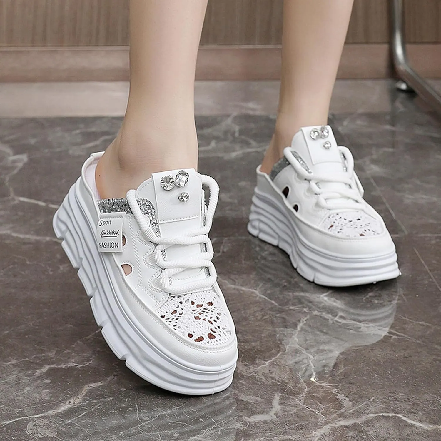 Women Slip On Platform Sneakers Comfortable Breathable Mule Shoes Casual Clogs with Cutout Design for Walking Work Travel Errands Outfits