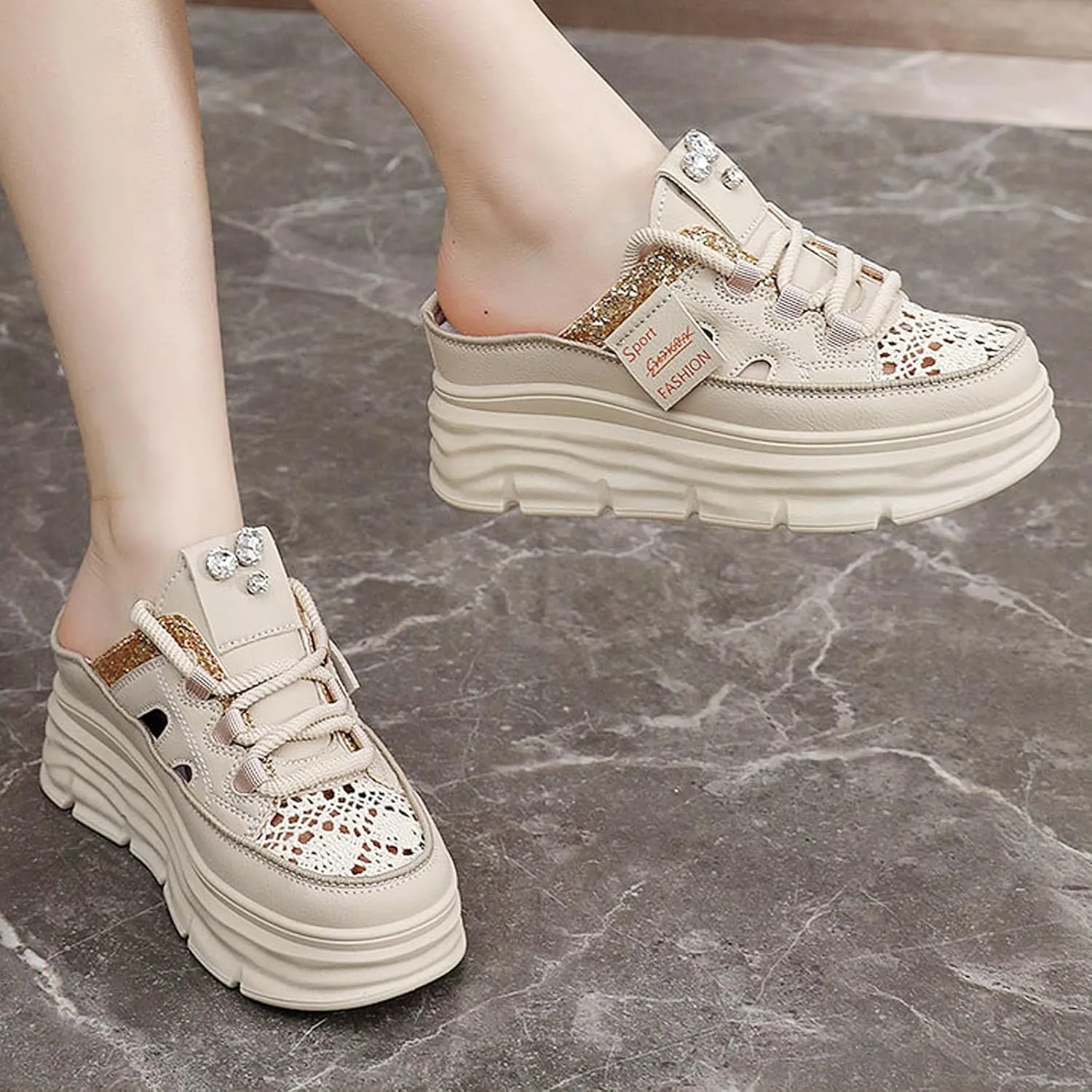 Women Slip On Platform Sneakers Comfortable Breathable Mule Shoes Casual Clogs with Cutout Design for Walking Work Travel Errands Outfits