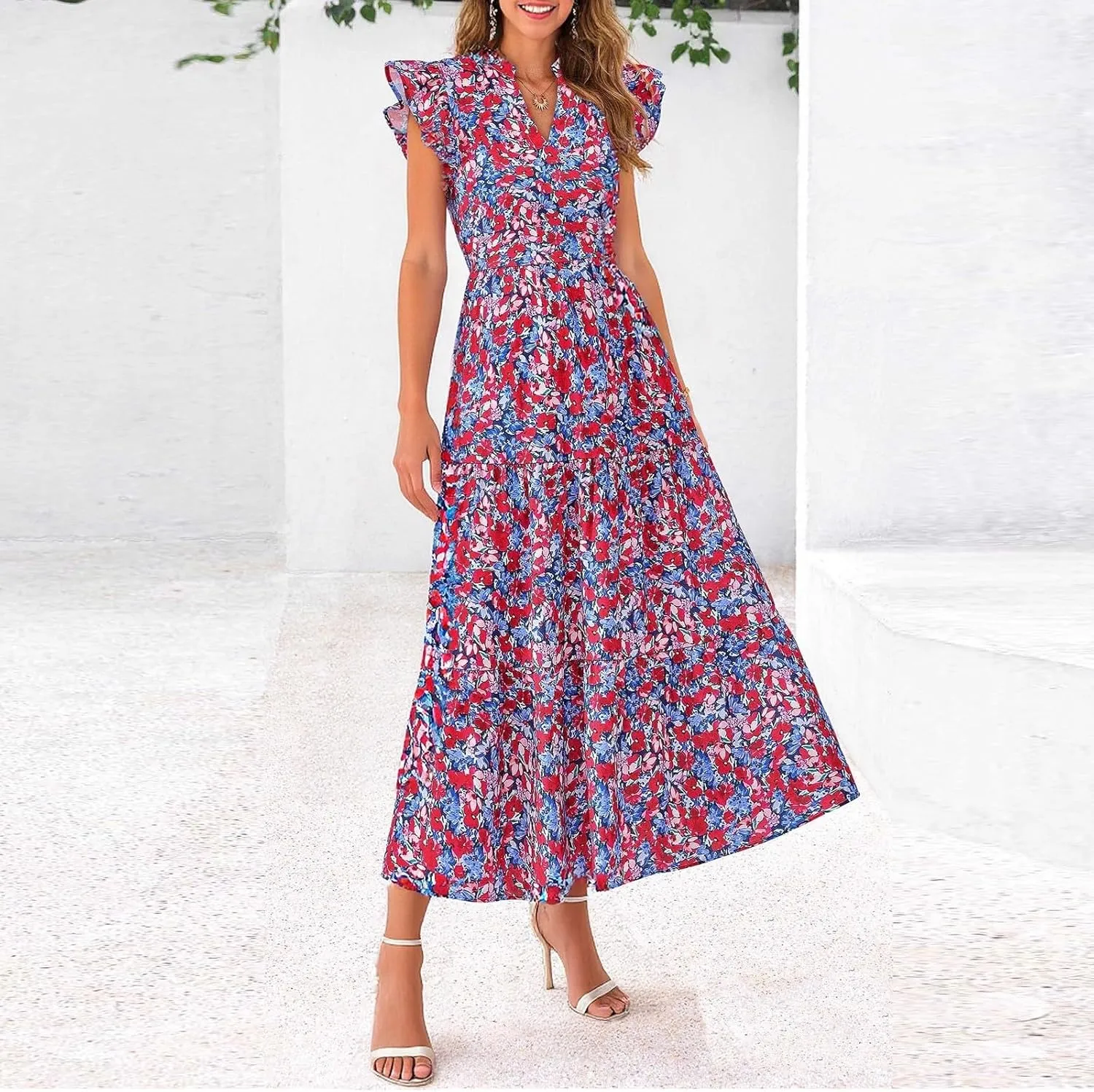 Women's 2025 Summer Floral Dress Cap Sleeve V Neck Ruffle Long Flowy Boho Casual Beach Vacation Midi Dresses for Women