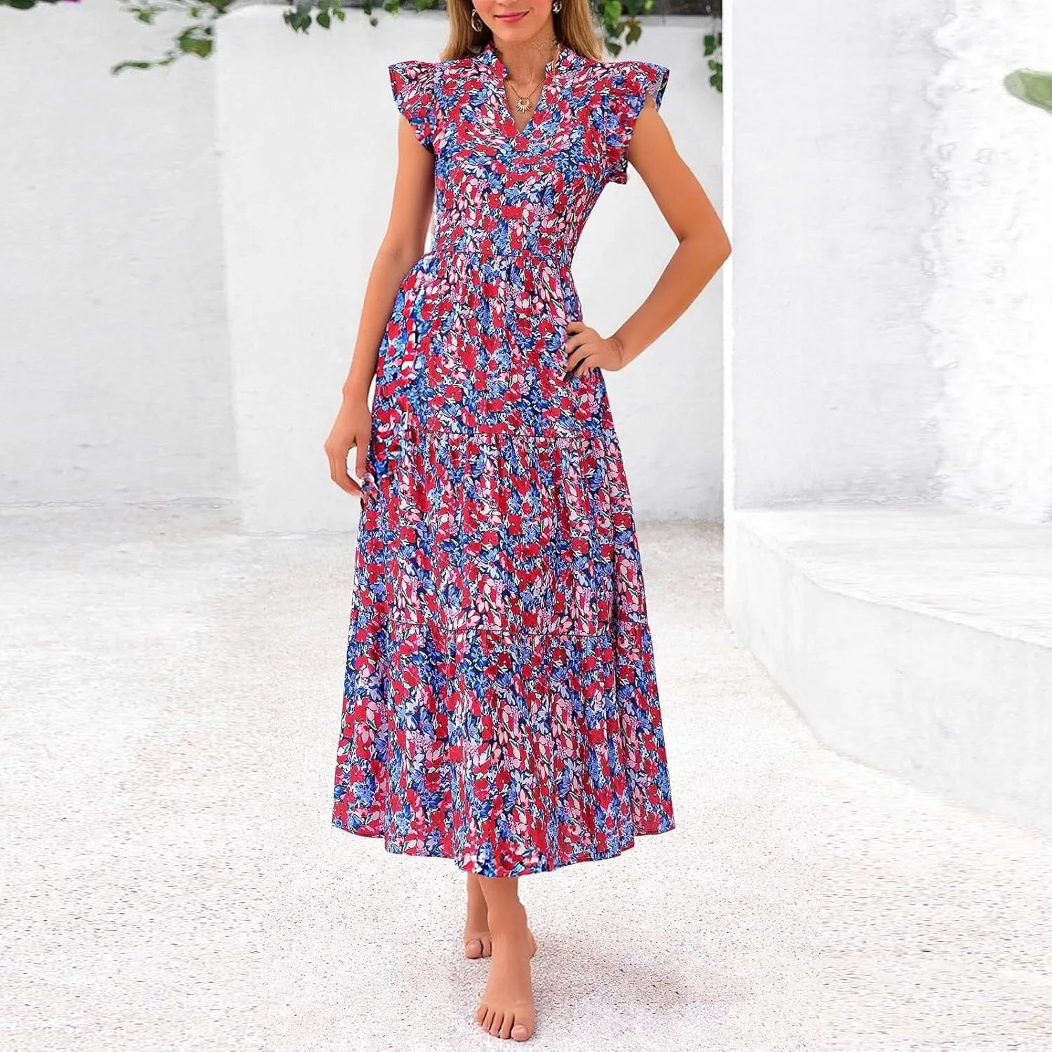 Women's 2025 Summer Floral Dress Cap Sleeve V Neck Ruffle Long Flowy Boho Casual Beach Vacation Midi Dresses for Women
