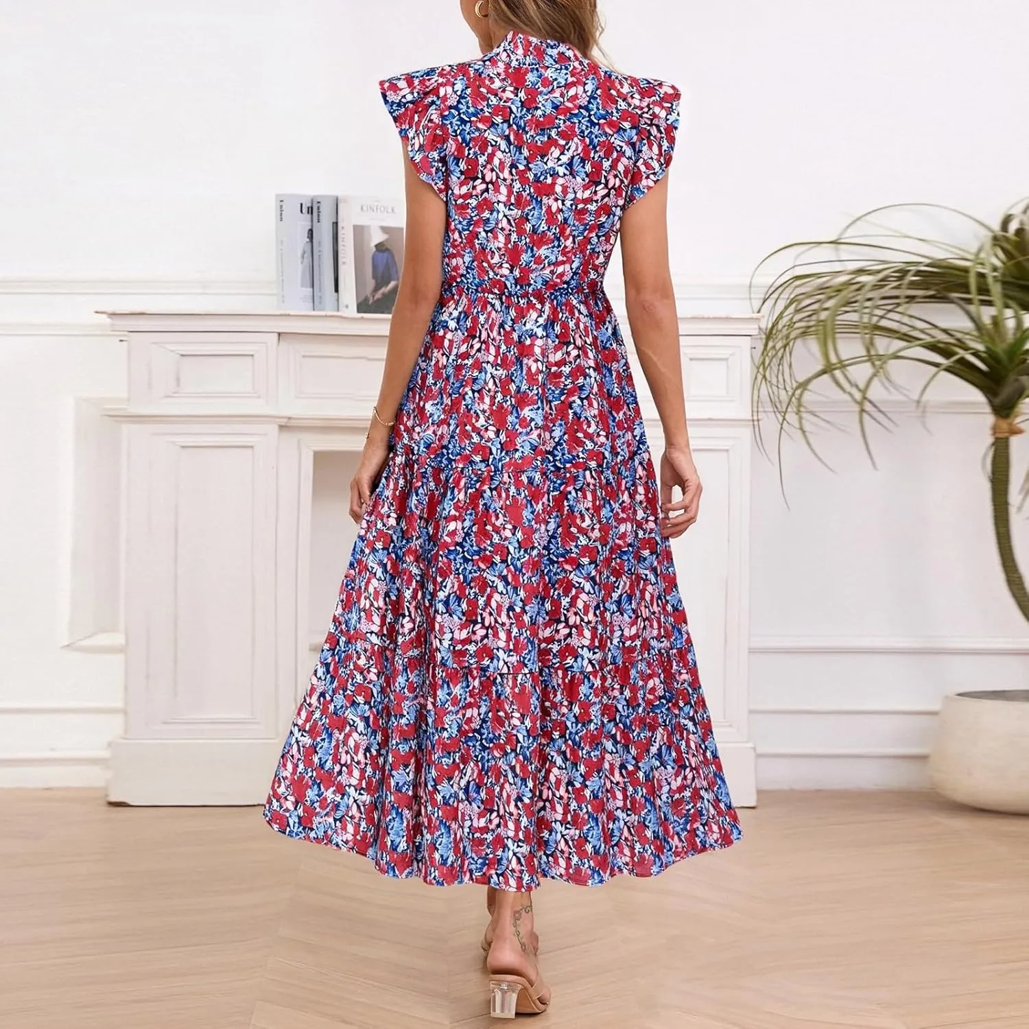 Women's 2025 Summer Floral Dress Cap Sleeve V Neck Ruffle Long Flowy Boho Casual Beach Vacation Midi Dresses for Women