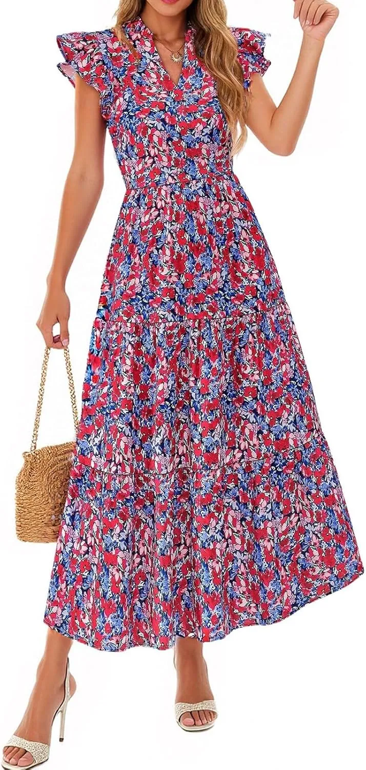Women's 2025 Summer Floral Dress Cap Sleeve V Neck Ruffle Long Flowy Boho Casual Beach Vacation Midi Dresses for Women