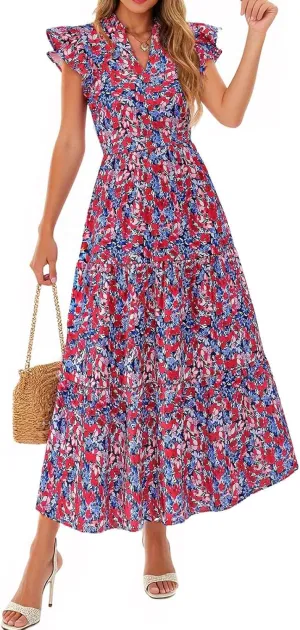 Women's 2025 Summer Floral Dress Cap Sleeve V Neck Ruffle Long Flowy Boho Casual Beach Vacation Midi Dresses for Women