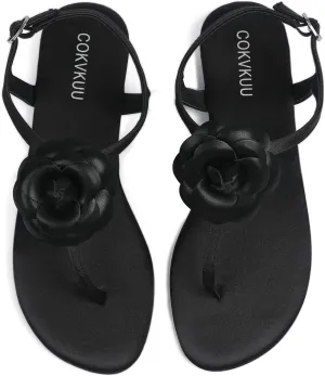 Women's Black Satin Floral Sandals with T-Strap, Herringbone Sole Fashionable and comfortable satin sandals for beach party shopping